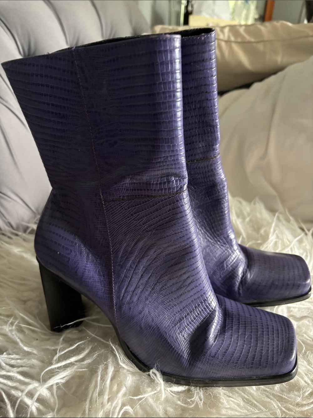 Bakers Purple Croc-Embossed Mid-Calf Block Heel Boots